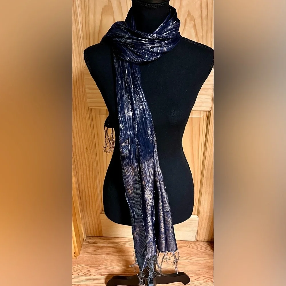 Vintage Navy Blue Silk Metallic Shimmer Scarf Wrap Evening Shawl Fringe Holiday